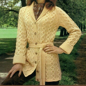 Ladies 70&#39;s Knitted Button Up Belted Coat Jacket With Pockets Vintage Knitting Pattern Digital Download PDF