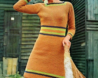 Ladies Long Sleeve Striped Granny Stitch Crochet Dress 5 Sizes 32"-41" 4 Ply Vintage Knitting Pattern PDF Instant Download