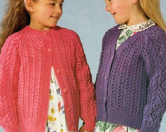 Childrens 1-11 Years Long Sleeve Raglan Button Up Round Neck V-Neck Lace Panel Knit Cardigan 20"-30" DK 8 Ply Vintage Knitting Pattern PDF