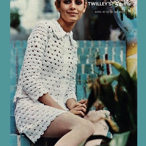 May include: A vintage crochet pattern for a white crochet suit. The pattern is titled "Quick Crochet Suit in Twilley's Stalite" and includes instructions for sizes 32-34-36 inches bust.