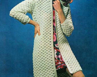 Veste manteau au crochet ouverte à manches longues pour femme de 34 à 38 pouces DK 8 épaisseurs motif crochet vintage PDF à télécharger
