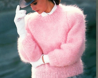 Ladies Cosy Pullover Round Neck Long Sleeved Raglan Mohair Winter Sweater 32"-38" Vintage Knitting Pattern PDF Instant Download