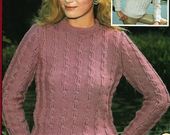 Ladies Cable Knit Sweater V-Neck Or Round Neck DK Vintage Knitting Pattern PDF Download