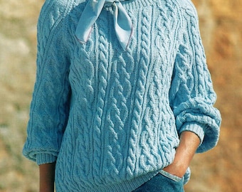 Ladies Long Sleeve Raglan Cable Fisherman Sweater Cotton DK Vintage Knitting Pattern PDF Download