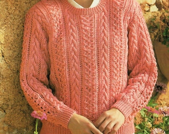 Ladies Lace Cabled Round Neck Long Sleeve Sweater DK Vintage Knitting Pattern PDF Download