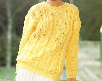 Ladies Lacy Eyelet Cable Long Sleeve Sweater DK Vintage Knitting Pattern PDF Download