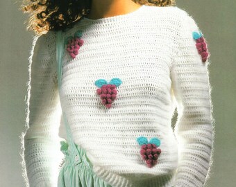 Ladies Long Sleeve Crochet Sweater With Grape Motif Vintage Crochet Pattern PDF Download
