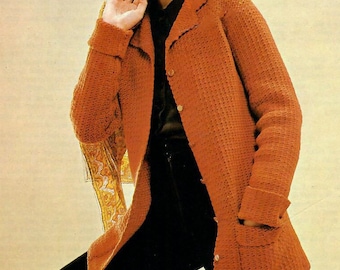 Ladies Crochet Button Up Coat Vintage Crochet Pattern Digital Download PDF Coat With Pockets Pattern 32"-40"