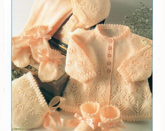 Newborn Baby Matching Pram Set Eyelet Stitch Raglan Jacket Leggings Mitts Bootees Bonnet Helmet 16"-22" 4 Ply Vintage Knitting Pattern PDF