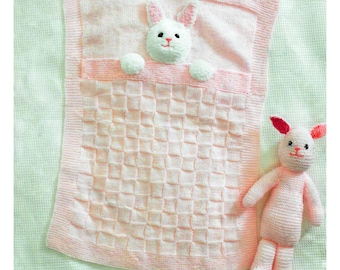 かわいいうさぎのベビーブランケットと、お揃いのうさぎのおもちゃセット 50cm～90cm DK 8プライ ヴィンテージ編み物パターン PDF 即時ダウンロード