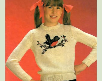 Children's Classic Round Neck Long Sleeve Christmas Jumper Robin Motif Xmas Jumper DK 24"-32" Vintage Knitting Pattern PDF Instant Download