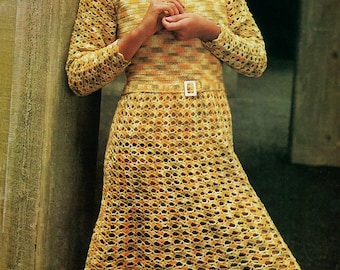 Ladies Crochet Long Sleeve Lacy Knee Length Dress 4 Ply Vintage Crochet Pattern PDF