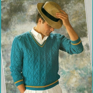 Men&#39;s Classic Cable Stitch V-Neck Sweater Mens Long Sleeve Jumper 38&quot;-44&quot;  DK 8 PLY Vintage Knitting Pattern PDF Instant Download