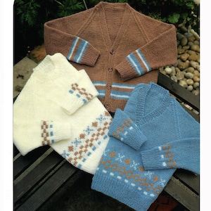 Toddlers Childrens Raglan Contrast Colour Patterned Cardigan Sweater V-Neck Or Round Neck 22&quot;-28&quot; DK 8 Ply Vintage Knitting Pattern PDF