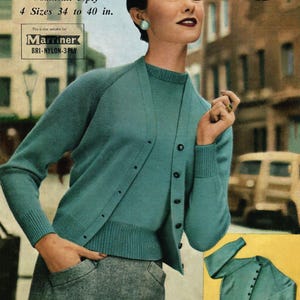 May include: A teal knit cardigan and matching shell top set with long sleeves, ribbed cuffs, and a button-down front. The text reads Heritage or Mainsail 3-ply 4 Sizes 34 to 40 in. and Marriner BRI-NYLON-3 PLY. A small yellow circle displays the number 427.