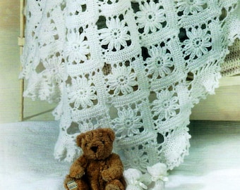 Cute Crochet Daisy Flower Shawl Blanket And Baby Bootees DK 8 Ply Vintage Crochet Pattern PDF Instant Download