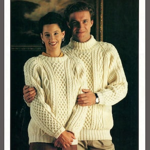 His And Hers Classic Aran Cable Knit Raglan Sweater Round Neck Polo Neck 32&quot; - 44&quot; Vintage Knitting Patterns PDF Digital Download