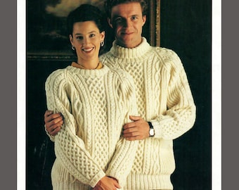 His And Hers Classic Aran Cable Knit Raglan Sweater Round Neck Polo Neck 32" - 44" Vintage Knitting Patterns PDF Digital Download