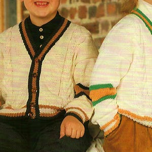 Children&#39;s V-Neck Drop Shoulder Striped Button Up Cardigan 24&quot;-32&quot; Cotton DK 8 Ply Vintage Knitting Pattern PDF Instant Download