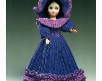 Elegant Victorian Doll Outfit 15" Doll Heirloom Full Gown And Matching Hat DK 8 Ply Light Worsted Vintage Knitting Pattern PDF Download