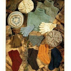 May include: A collection of knitted items including hats, scarves, mittens, and socks in various colors and patterns. The items are arranged on a rustic background.