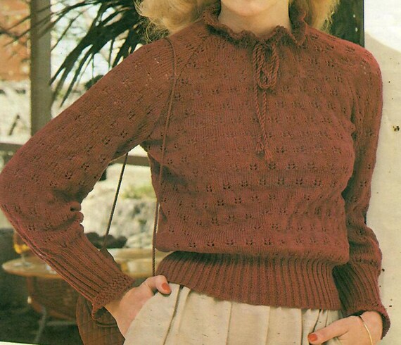 Ladies Long Sleeve Raglan High Neck Lace Knit Sweater 32