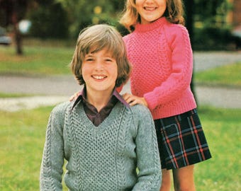 Childrens Cable Knit Raglan V-Neck Round Neck Sweater DK 8Ply Vintage Knitting Pattern PDF