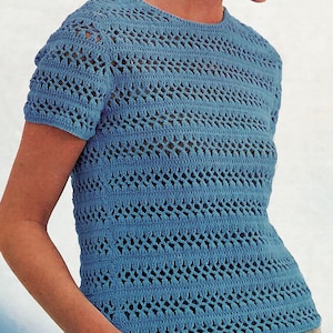 Short Sleeve Round Neckline Lace Patterned Crochet Summer Top 34&quot;-38&quot; 4 Ply Fingering Yarn Vintage Crochet Pattern PDF Instant Download