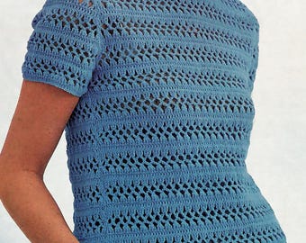 Haut d'été au crochet à manches courtes et encolure ronde de 34 à 38 pouces, 4 fils de doigté, motif au crochet vintage PDF à téléchargement immédiat