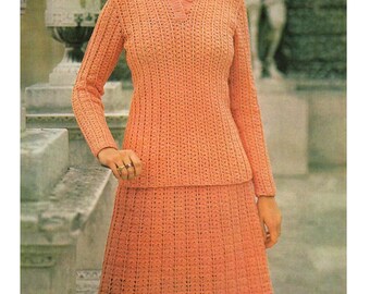 Ladies Crochet Long Sleeve Collared Jersey Top And Skirt Suit Set DK 8 Ply Vintage Crochet Pattern PDF Download