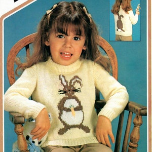 Children&#39;s and Toddlers Cute Bunny Rabbit Knitted Sweater Vintage Knitting Pattern Easter Bunny Round Neck Jumper Digital Download PDF