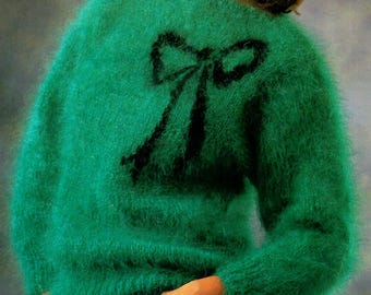 Ladies 70's Mohair Long Sleeve Round Neck Sweater With Cute Coquette Bow Motif 30"-40" Vintage Knitting Pattern PDF Instant Download