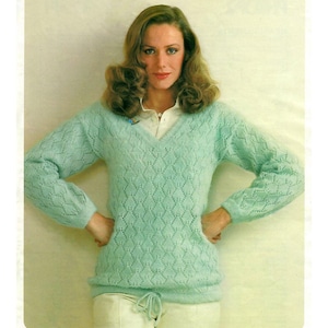 Ladies Pretty V-Neck Long Sleeved Lace Knit Patterned Sweater 32&quot;-38&quot; DK 4 Ply Drawstring Vintage Knitting Pattern PDF Instant Download