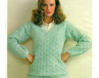 Ladies Pretty V-Neck Long Sleeved Lace Knit Patterned Sweater 32"-38" DK 4 Ply Drawstring Vintage Knitting Pattern PDF Instant Download