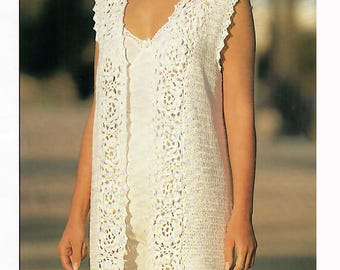 Ladies Sleeveless Mid-length Crochet Summer Waistcoat With Floral Lace Border 30"-42" 4 Ply Vintage Crochet Pattern PDF Instant Download