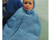 Babys Button Up Knitted Hooded Cape With Pompoms And Front Pockets 0-12 Months DK Or 4 Ply Vintage Knitting Pattern PDF Download