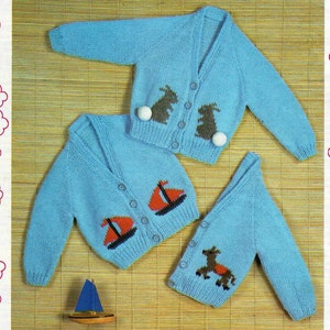 May include: Three blue knitted cardigans with different embroidered designs. One cardigan has two brown rabbits, another has a red and blue sailboat, and the last one has a brown horse.