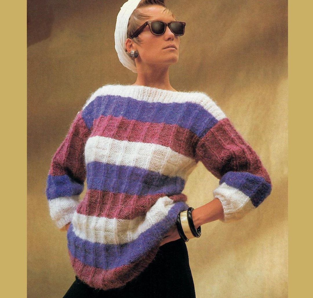 Ladies Striped Brushed Chunky Knit Drop Shoulder Sweater 30"-40 ...
