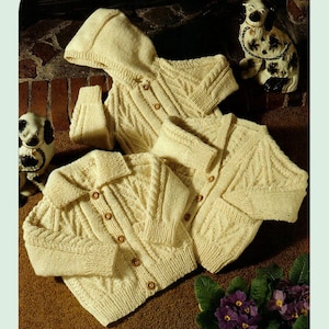 Toddlers Children&#39;s Cable Stitch Aran Raglan Jacket Cardigans Hooded Collared Versions 20&quot;-28&quot; Vintage Knitting Pattern PDF Pattern