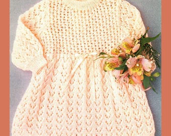 Baby's Pretty Lace Knit Long Sleeve Round Neck Dress 18"-20" 4 Ply Fingering Vintage Knitting Pattern PDF Instant Download