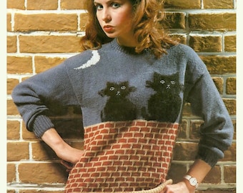 Ladies Witchy Cat Sweater Moon Cat Lady Halloween Jumper Round Neck DK 8 Ply Vintage Knitting Pattern PDF Instant Download