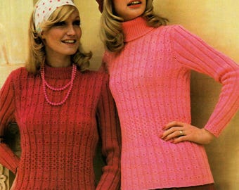 Ladies 70's Rib Stitch Sweater Round Neck Polo Neck DK Vintage Knitting Pattern PDF