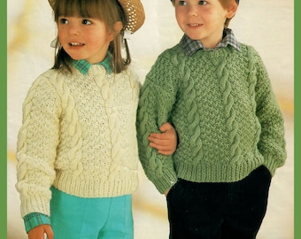 Childrens Aran Cable Drop Shoulder or Set-In Sleeve Sweater Vintage Knitting Pattern Digital Download PDF Childs Winter Jumper Pattern
