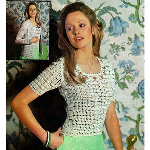 Crochet Short Sleeve Top Matching Long Sleeve Cardigan Twin Set Picot Edging 32&quot;-38&quot; Courtelle Vintage Crochet Pattern PDF Instant Download