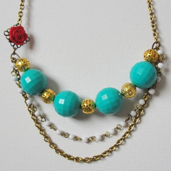 Items similar to Spanish Rose and Turquoise Beaded Layered Chain