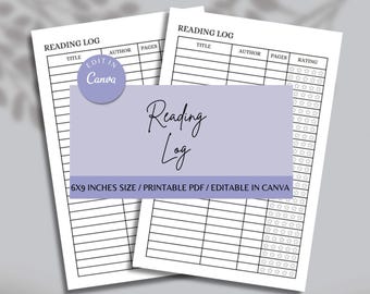 Reading Log Printable PDF, Book Log, Reading Tracker, Reading Planner