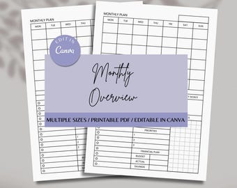 Monthly Overview Printable Planner, Month on one page Template, Digital Download, A4/A5 Size