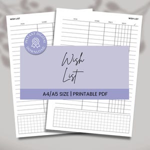 Wish List PDF instant printable dowload, Wishlist Template, Shopping Tracker Sheet, A4/A5