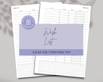 Wish List PDF instant printable dowload, Wishlist Template, Shopping Tracker Sheet, A4/A5
