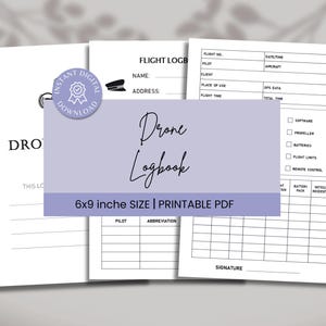 以下が含まれることがあります： 「Drone Logbook」と書かれたエレガントな筆記体の薄紫色のバナーが付いた、印刷可能なドローンログブック。 ログブックは15 x 23 cmで、飛行の詳細、パイロット情報、インシデントノートのセクションが含まれています。「Instant Digital Download」の文字も表示されています。